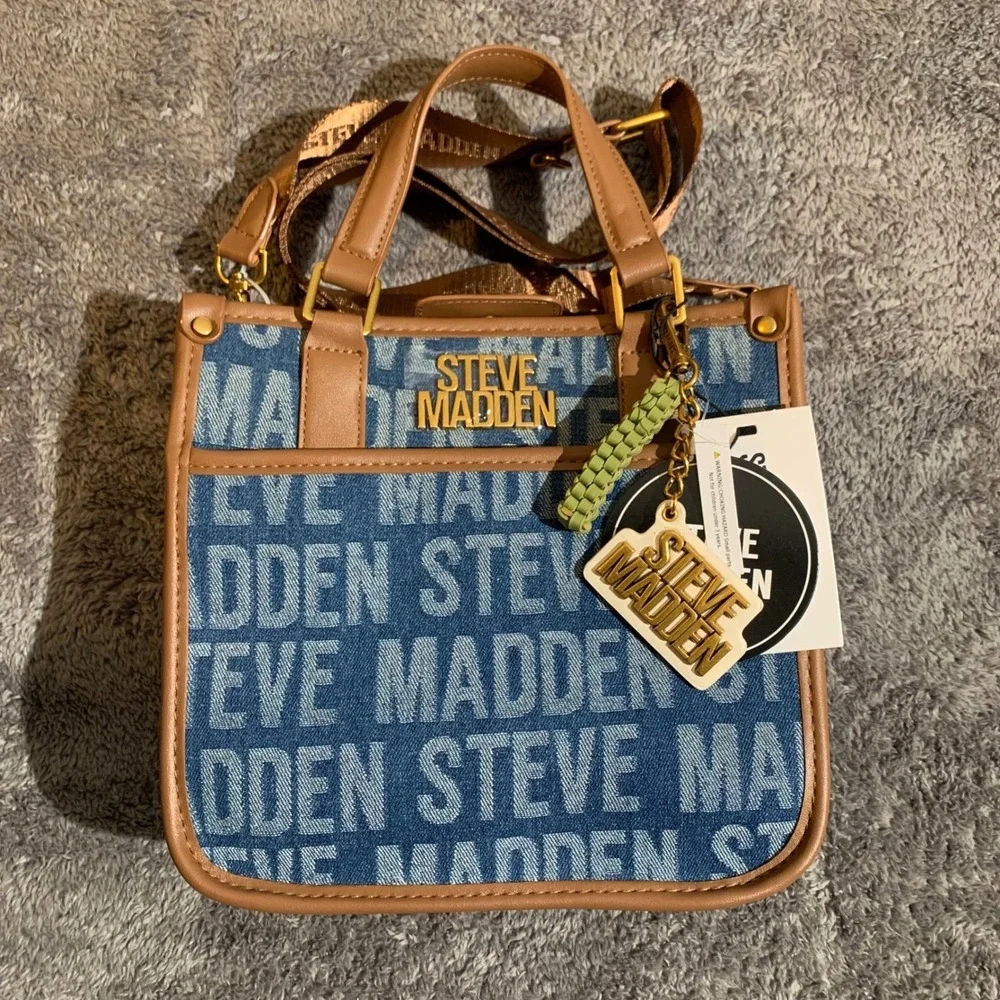 Steve Madden Womens Logo Print Denim Crossbody Bag Mini Tote Tan Blue NWT - Picture 1 of 9